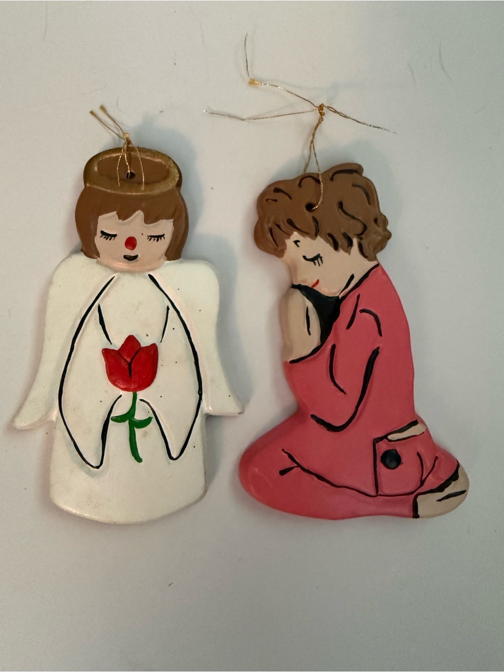Vintage Hand Painted Angel & Praying Child Ornaments 1974